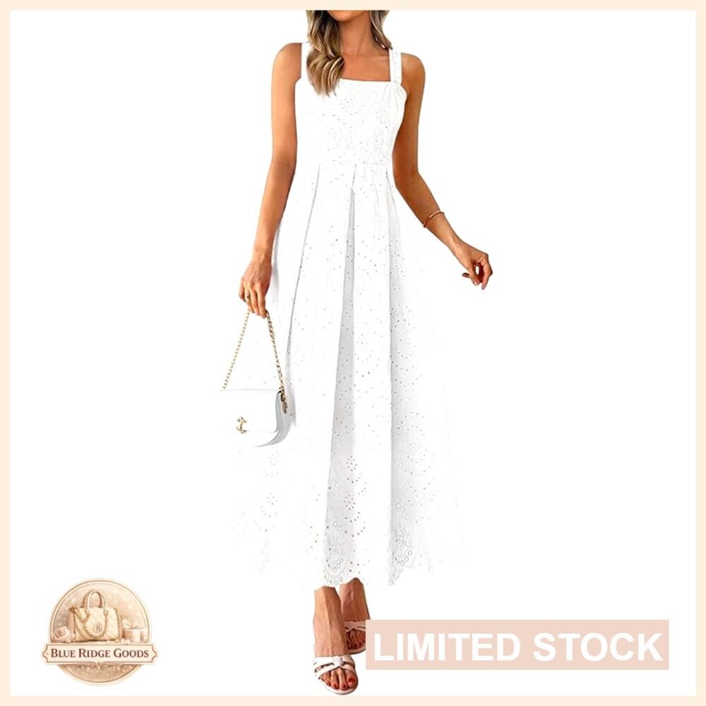 Sleeveless Maxi Summer Dress Hollow Out Eyelet Square Neck Ruffle Flowy Beach